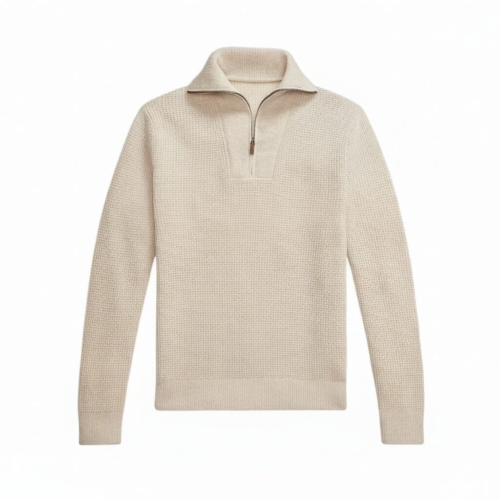 Waffle-Knit Wool-Cotton Quarter-Zip Sweater
